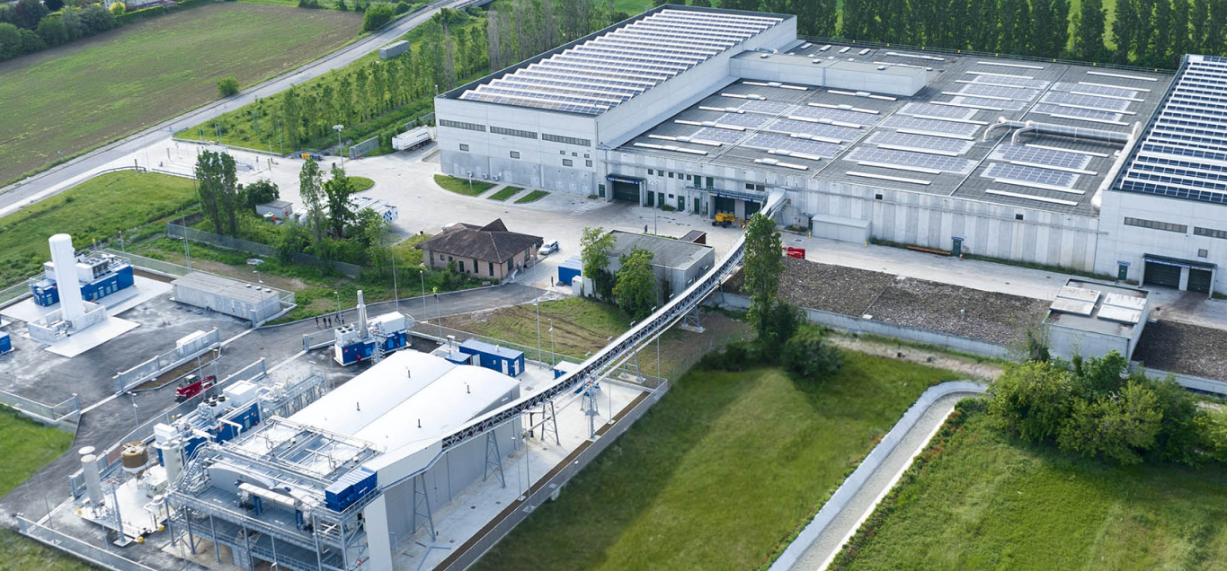 Aerial view of the Contarina flagship plant in Trevignano