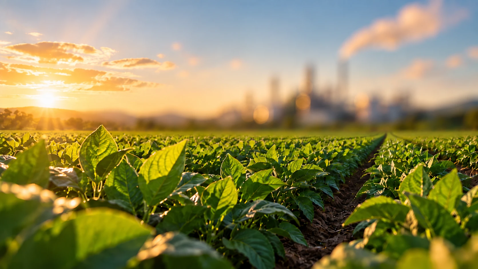 Rows of green crops at sunset, with an industrial plant blurred in the distance